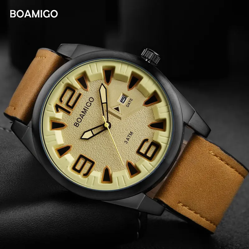 Мужские водонепроницаемые кварцевые часы с датой и кожаным ремешком до 30 м |