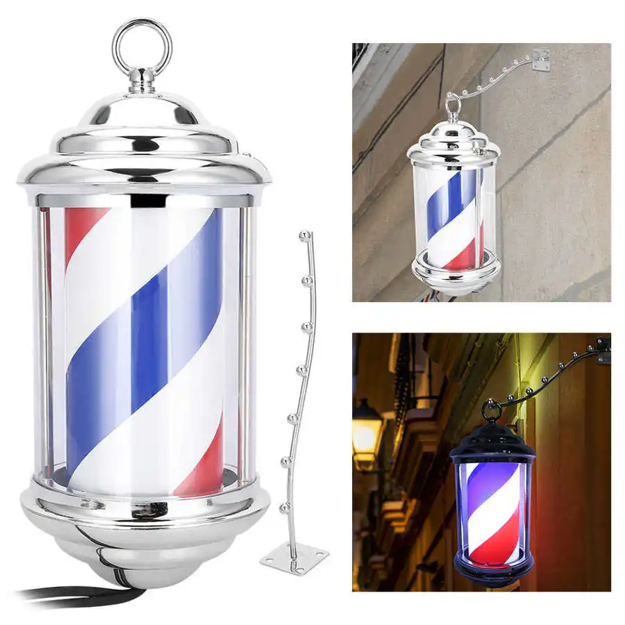 28cm Barber Shop Pole Rotating Lighting Red White Blue Stripe Rotating Light Stripes Sign Hair Wall Hanging LED Downlights