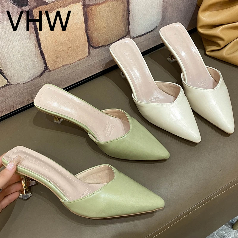 

2021 Summer New Women Slippers Fashion Pointed Toe Mules Shoes Elegant Leather High Heels Beige Slides Women Zapatos De Muje