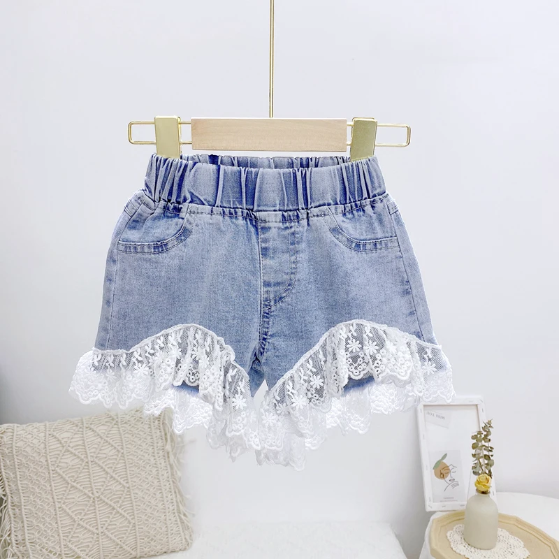 

2021 Summer Girls Fashion Jeans Shorts with Lace Hem