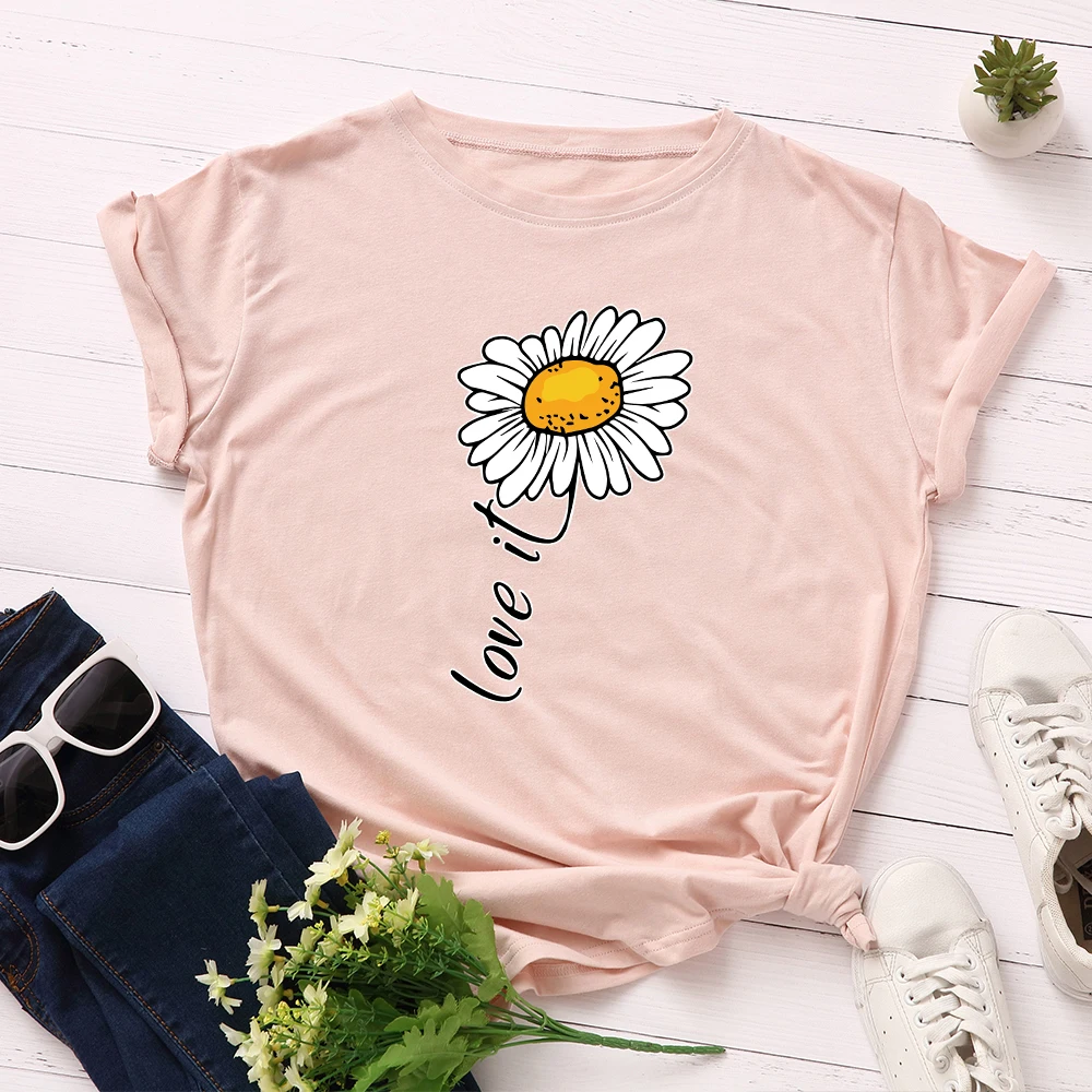 

Love It Flower Women Short Sleeve Cotton T-Shirts Graphic Tees Summer Tee Tops for Female Loose Casual Oversized Tee Clothes