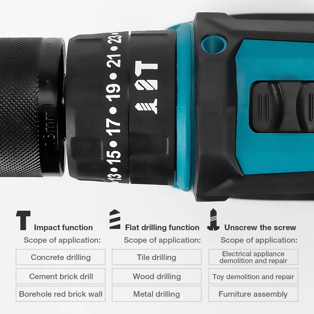 

24V Electric Impact Drills 2-Speed Screwdriver Cordless Driver Hammer Drill DC For Lithium-Ion Battery