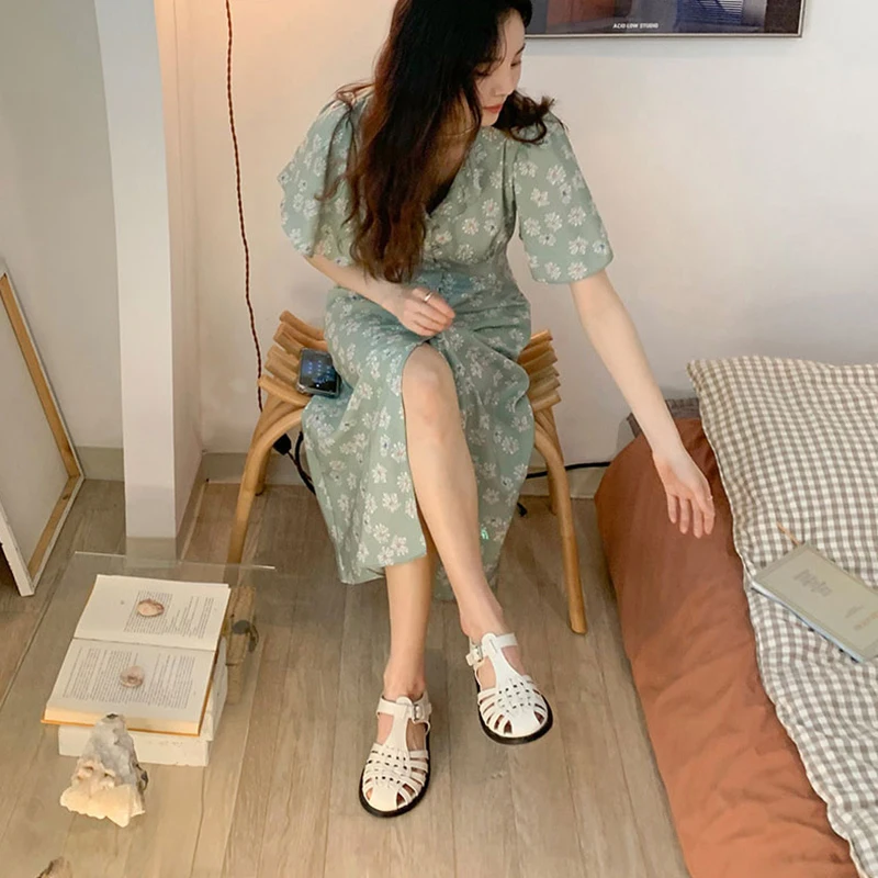 

dress for women Vintage chiffon floral printed beach green dress 5808#