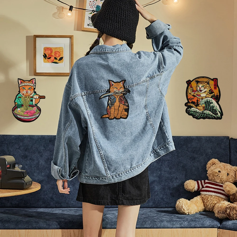 Тату кошки с ножами японские вышитые железные нашивки для одежды сделай сам