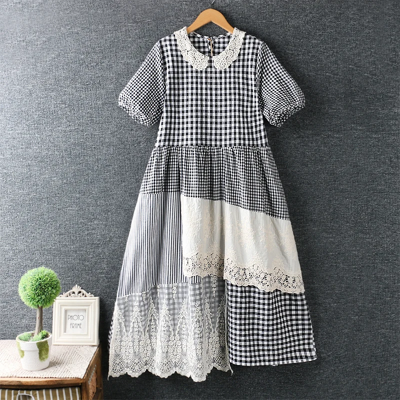 

2020 new summer small fresh lace Plaid midi dress short sleeve cotton dress