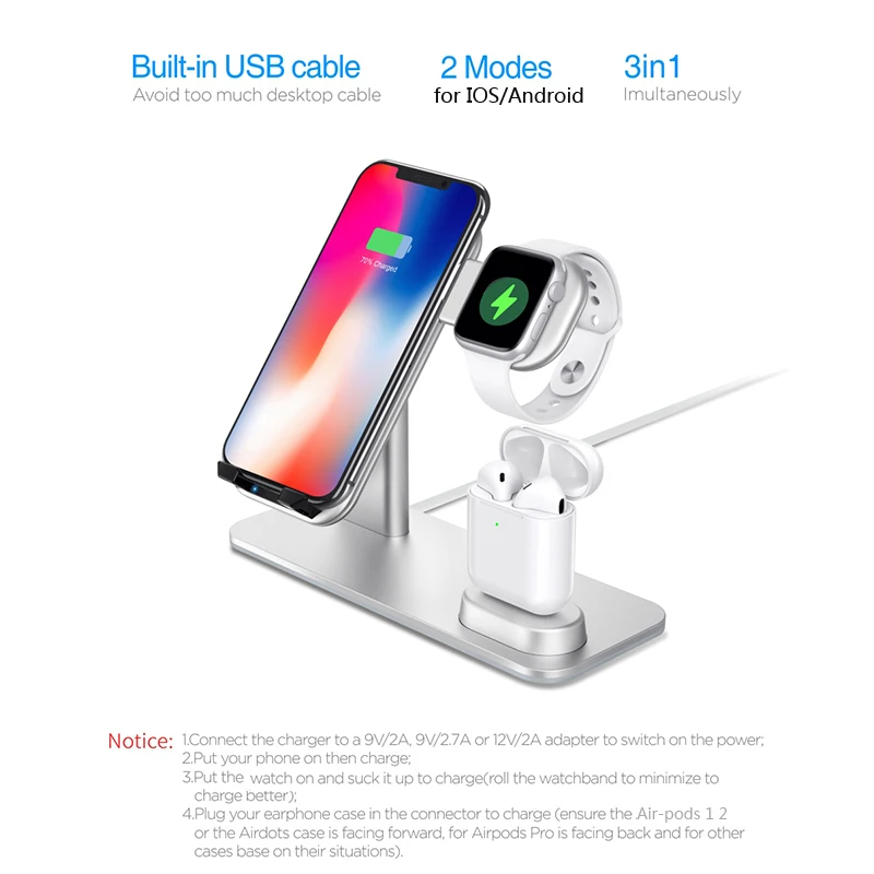 Беспроводное зарядное устройство 3 в 1 QI для iPhone 11 XR Samsung S8 S9 S10 plus Беспроводная