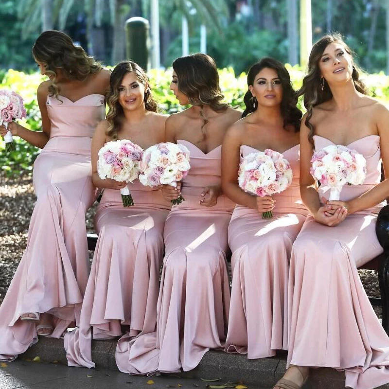 

Blush Pink Sweetheart Satin Mermaid Long Bridesmaid Dresses Ruched Floor Length Wedding Guest Long Maid Of Honor Dresses