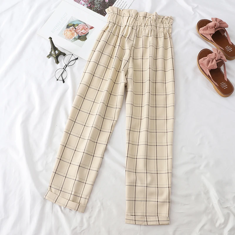 2020 Fashion Women Lace Up High Waist Ankle Length Loose Plaid Harem Pants Bandages Tie Ruffle Japanese Harajuku Casual