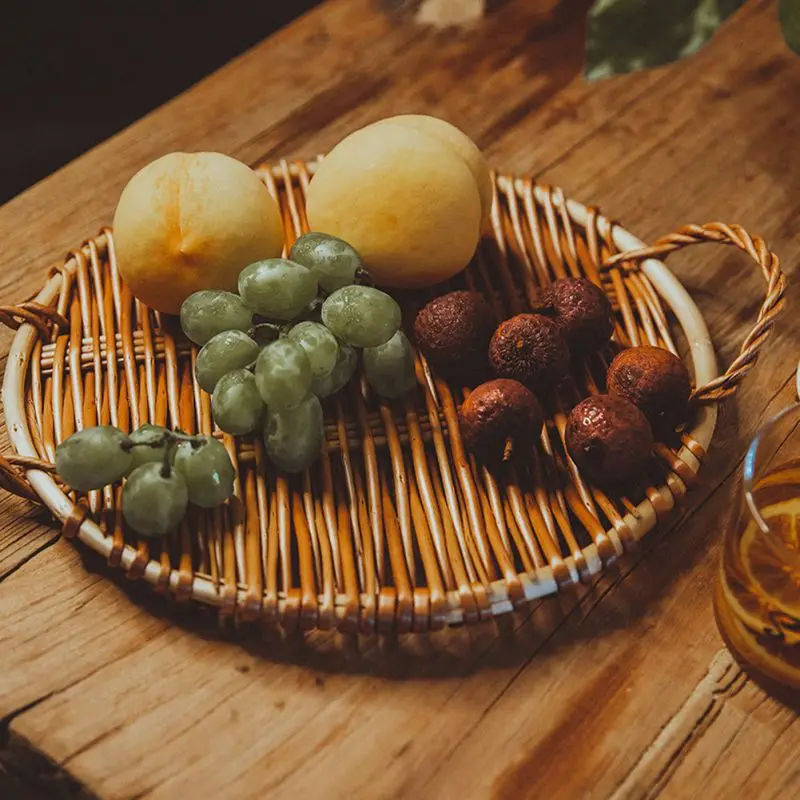 

Rattan Woven Storage Tray with HandleFruit Snacks Serving Organizer Bread Food Cake Platter Dinner Serving Tray Table Decoration