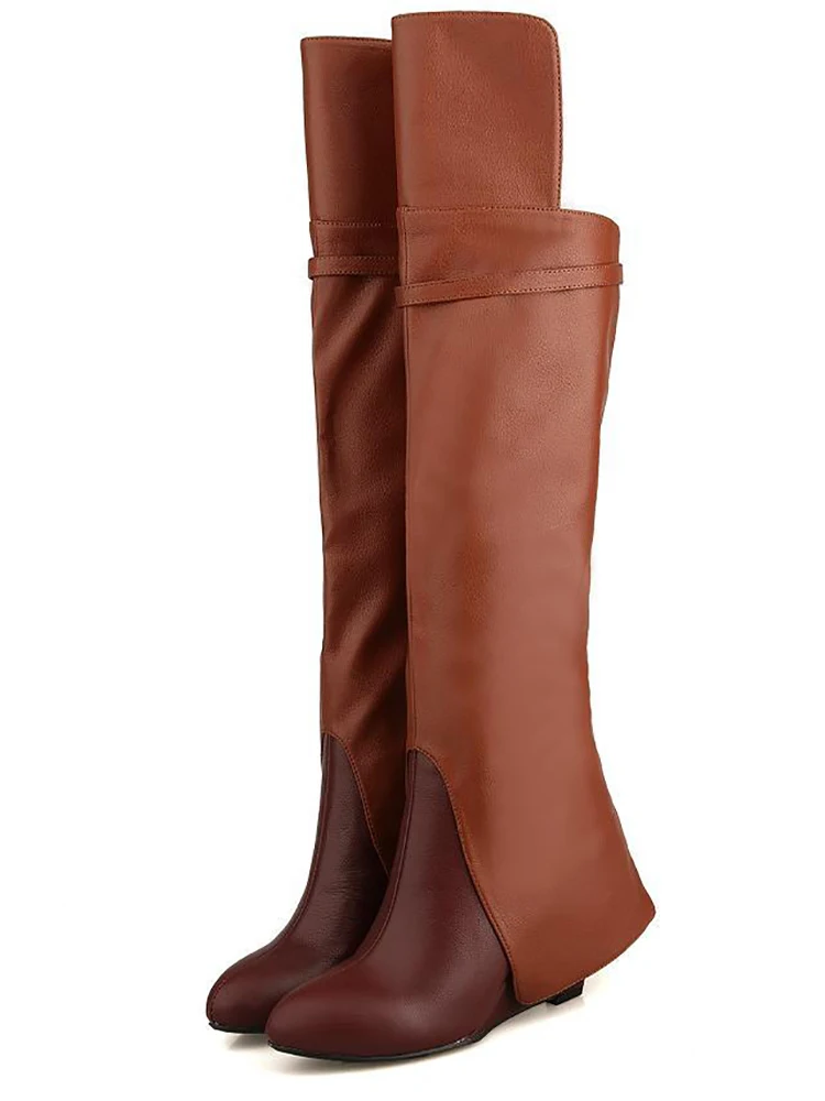 

Winter Long Boots Height Increase Round Toe Turn Over Warm Shoes Women Solid Multi-Color Genuine Leather Knee High Boots