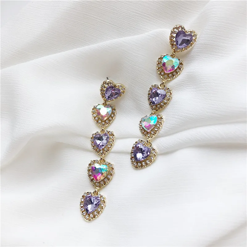 

Fully Cubic Zircon Hearts Long Earrings with Clips Pink Purple Love Big Earrings