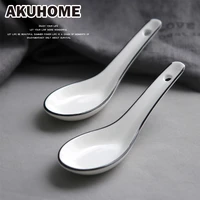 japanese simple ceramic long handle spoon bone china spoon set black line spoon 2 loaded