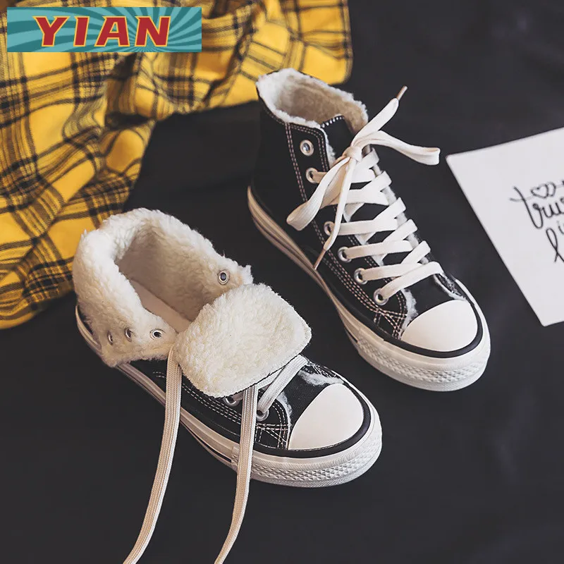 

Кеды женские высокие, теплые плюшевые кроссовки, Вулканизация, повседневная Студенческая обувь для скейтборда, зимняя обувь