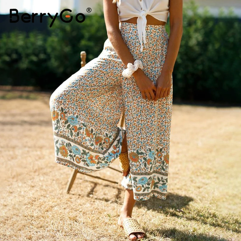 Брюки BerryGo женские с цветочным принтом повседневные свободные длинные пляжные в