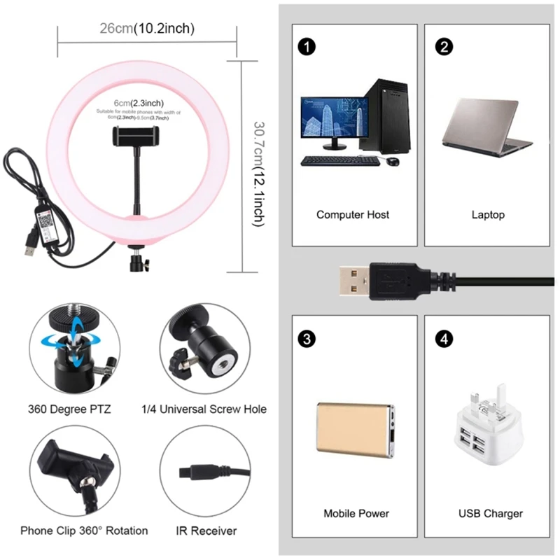 Светодиодное кольцо PULUZ с регулируемой яркостью 10 2 дюйма 26 см USB RGBW освещение для