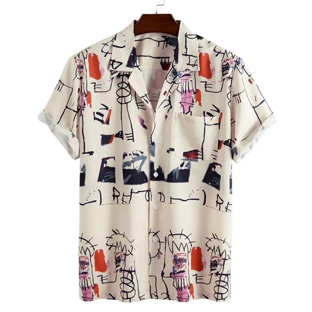 

2021 Summer Men Shirt Short Sleeve Graffiti Printing Lapel Slims Fit Hawaiian Shirt Streerwear Party Loose Fit Male Shirts Top