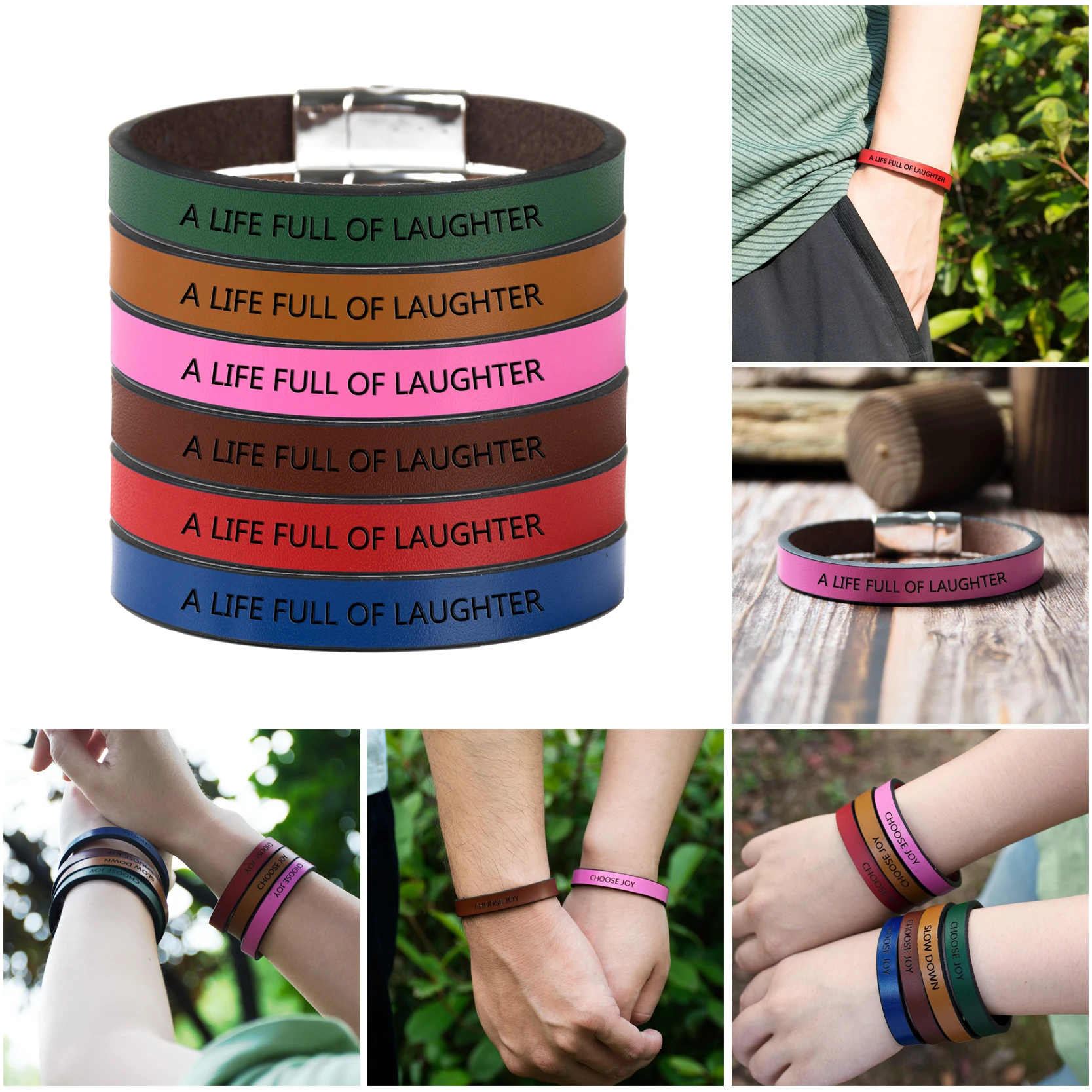 Жизнь полный смех кожаный браслет для мужчин женщин на заказ c выгравированными