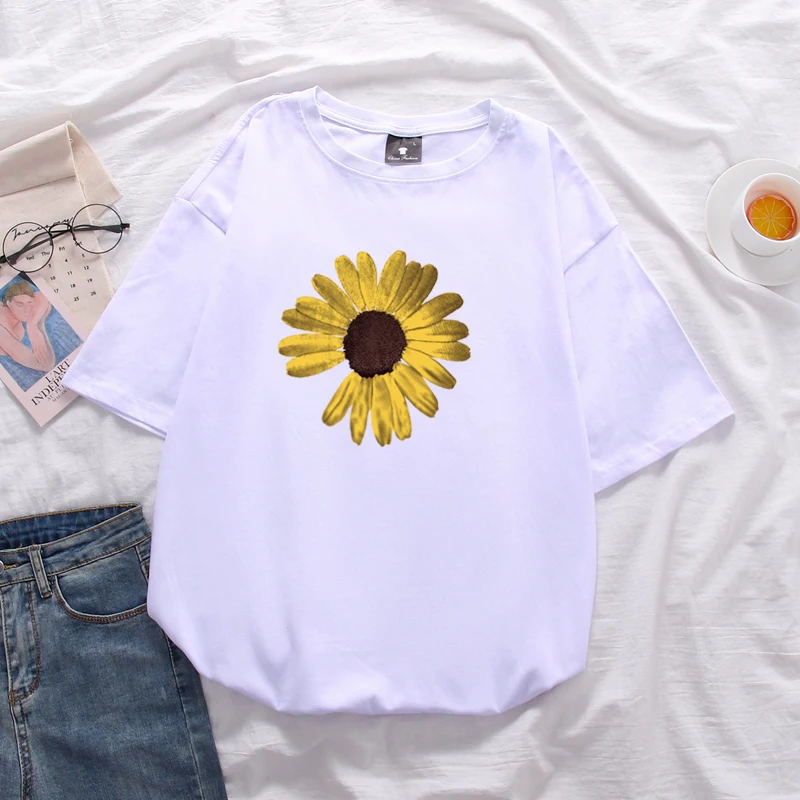

Daisy printed women's cotton large size loose short-sleeved t shirt unisex mid-length Tops soft summer T-shirt