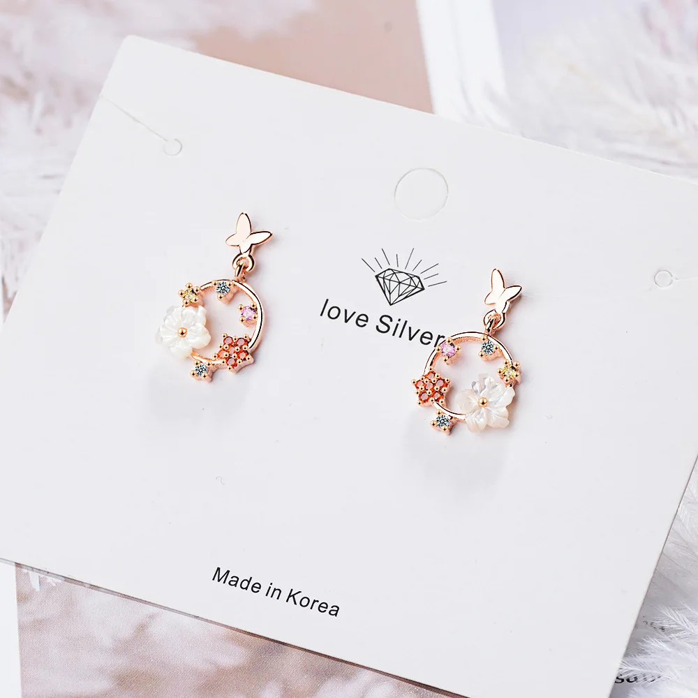 Простые изысканные серьги в виде бабочек и цветов круглые из стерлингового