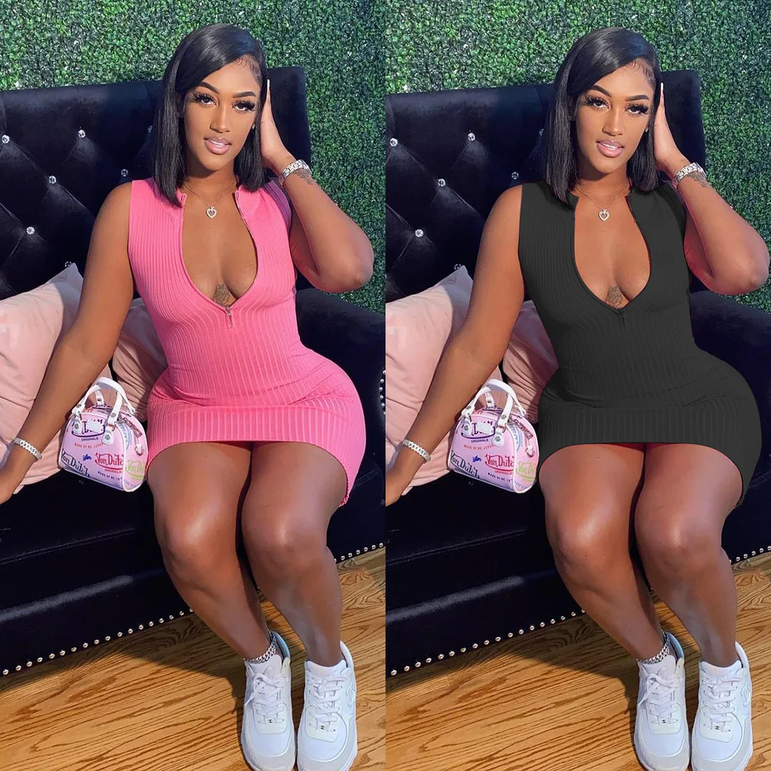 

Echoine Sexy Ribbed V-neck Zipper Mini Dress Women Fitness Bodycon Sleeveless Dresses Party Club Vintage Vestidos Summer Outfits