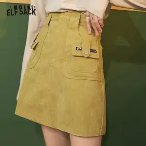 ELFSACK однотонная Вельветовая мини-юбка с высокой талией для женщин, осенняя винтажная Однотонная юбка с карманами в Корейском стиле 2020