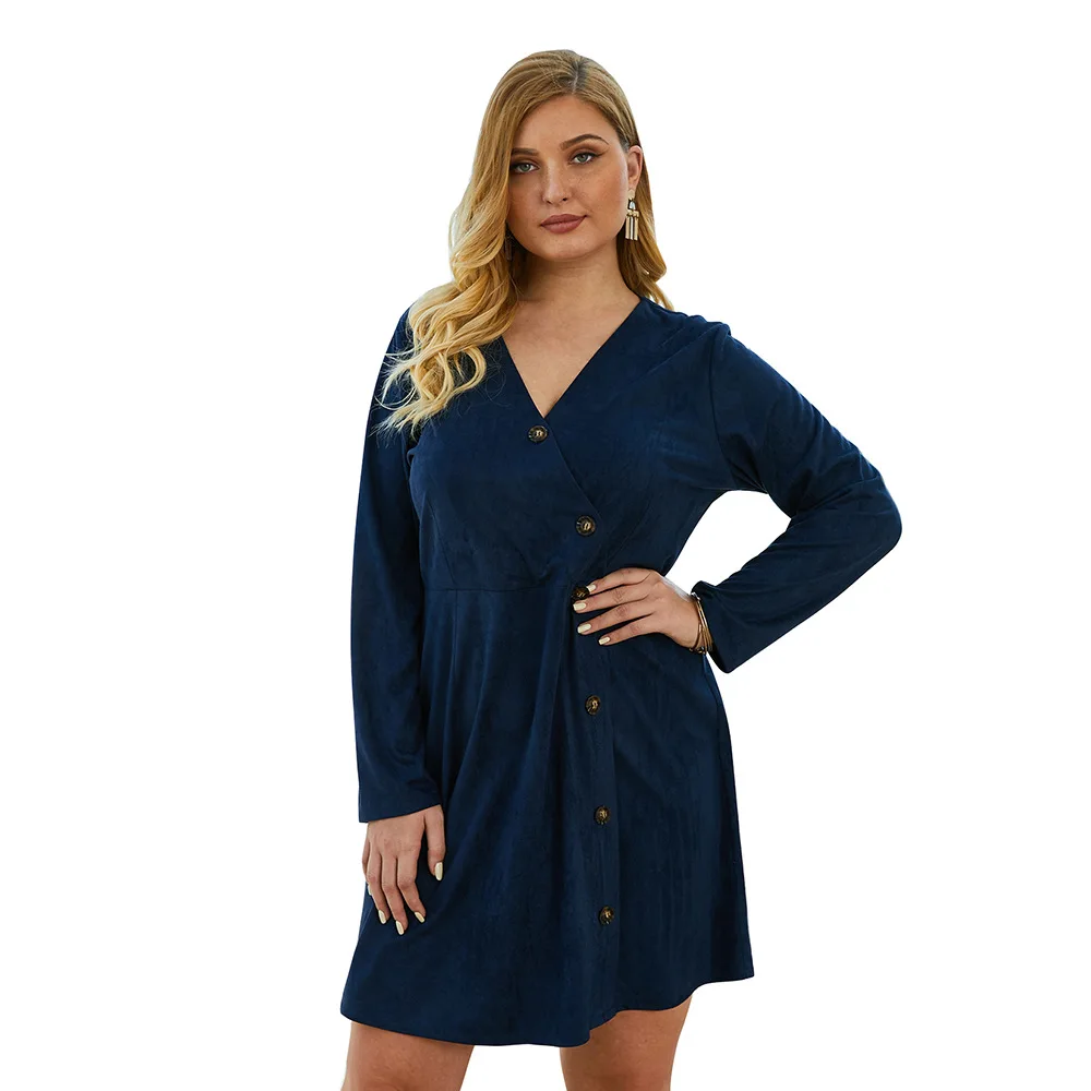 Spring autumn new plus size dress for women large casual slim long sleeve knee length button V neck dresses blue 4XL 5XL 6XL 7XL | Женская