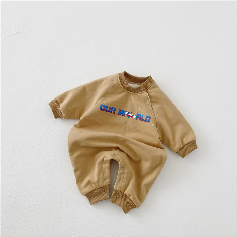 

Winter Baby Romper Double Layer Plus Velvet Thickening Planet Letter Cartoon Round Neck Sweater Jumpsuit Romper Clothes