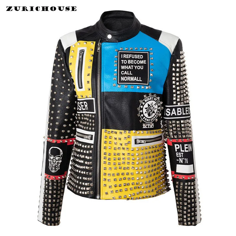 

ZURICHOUSE Heavy Industry Gothic Rivet Print PU Leather Punk Jacket Women Streetwear Unisex Motorcycle Leather Jackets Mujer