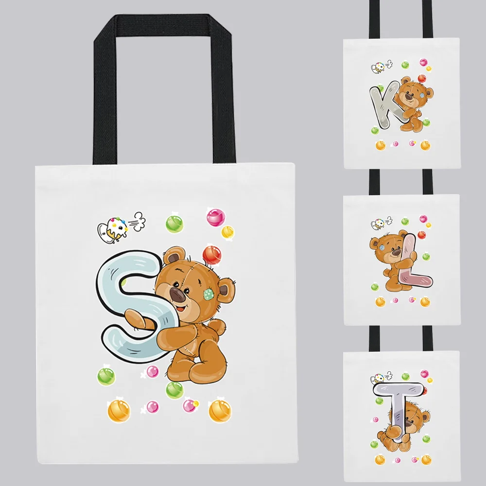 

Fashion Woman Shopping Bag Teddy Bear Initial Name Pattern Printing Series Youth Shoulder Bag White Handbag Canvas Bag Tote Bag