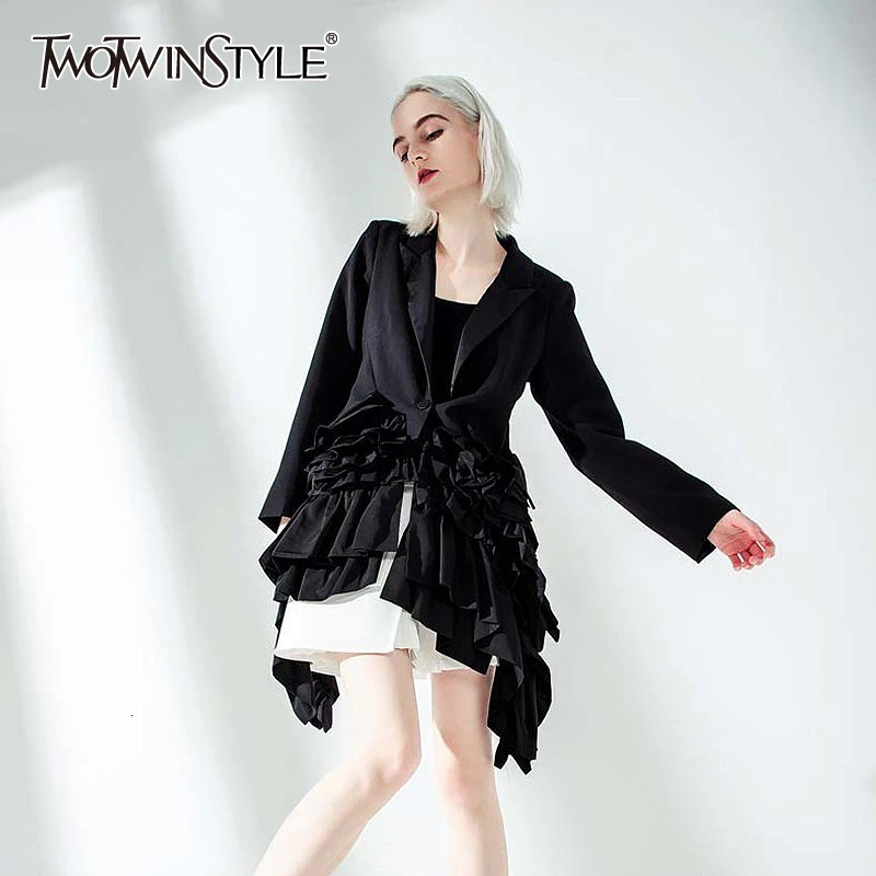 TWOTWINSTYLE новинка 2019 Осень зима с отворотом длинный рукав черный рюшами