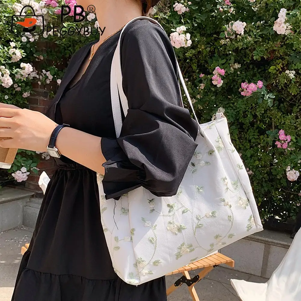 

Fashion Women Handbags Flower Lace Embroidery Large Shoulder Bag Casual PU Tote Soft Leather Women Designer Handbag