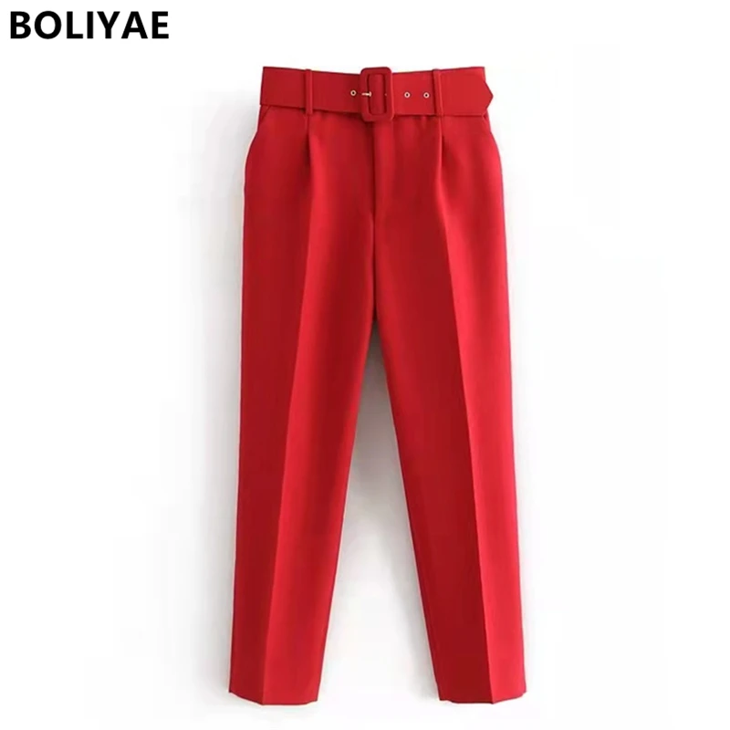 

Boliyae New Women Chic Fashion Office Wear Straight Pants Vintage High Waist Zipper Fly Female Trousers Belt Suit Pants Mujer