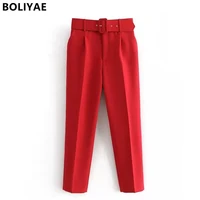 boliyae new women chic fashion office wear straight pants vintage high waist zipper fly female trousers belt suit pants mujer