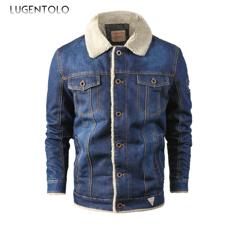 

Джинсовая куртка мужская зимняя с бархатным утеплителем, модное однобортное пальто свободного покроя с лацканами, уличная одежда, большие ...