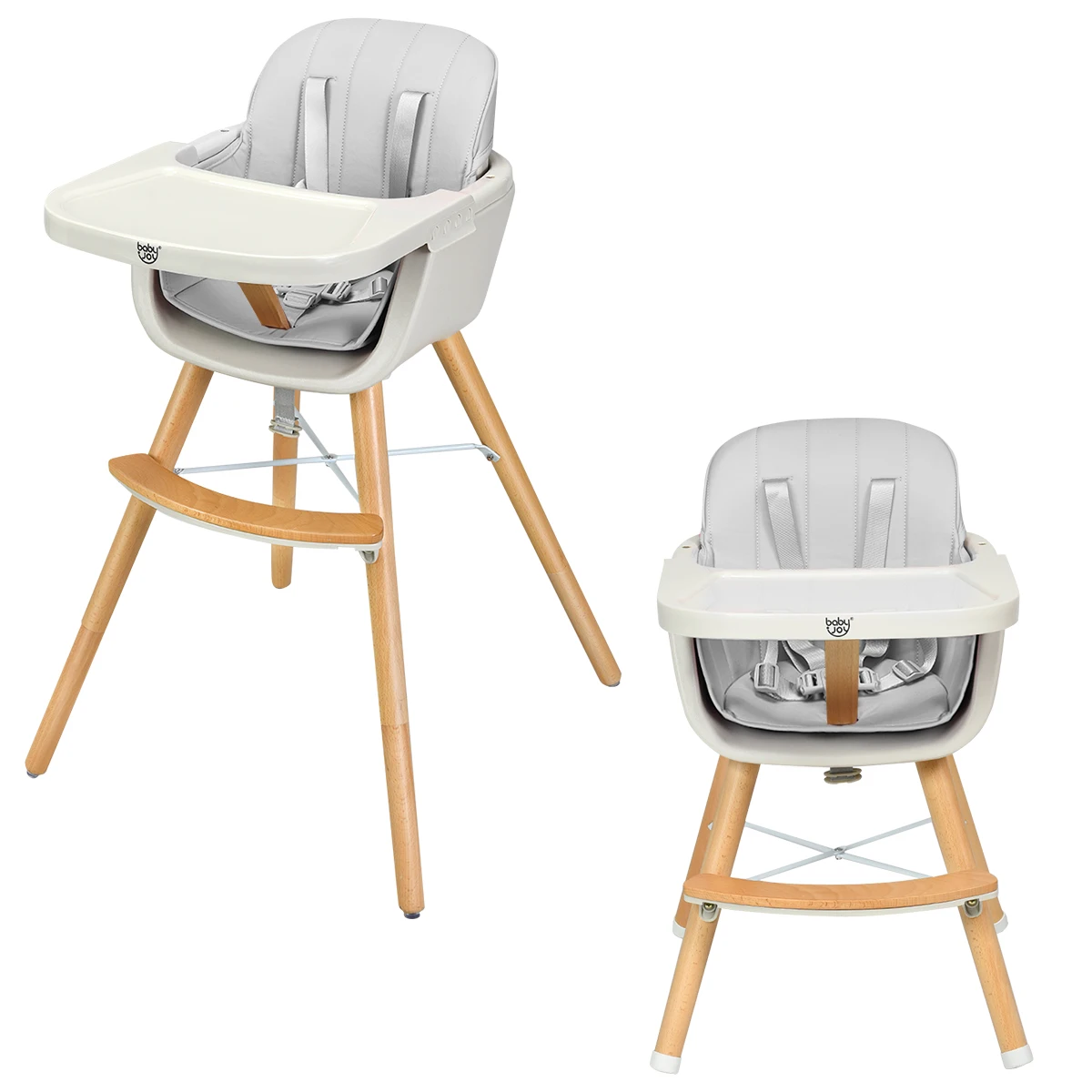 3 in 1 Convertible Wooden High Chair Baby Toddler Highchair w/ Cushion Gray