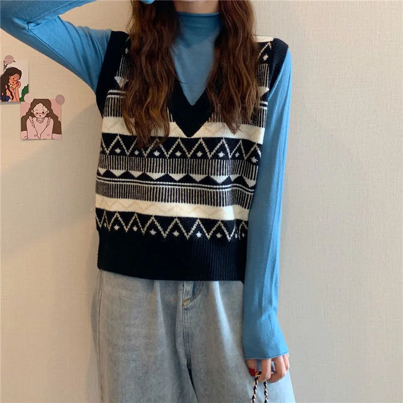 

Knit Sweater Vest V-necked Winter Femme Clothing England Style Sleeveless Jumper Pullover Wholesale Vintage Knitting Crop Top 24