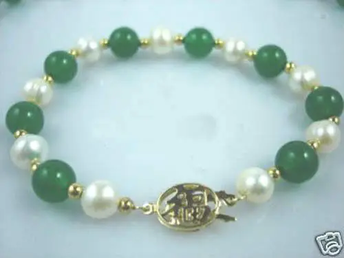 Женский Красивый зеленый нефритовый браслет с белым жемчугом 7 5 дюйма|Браслеты| |