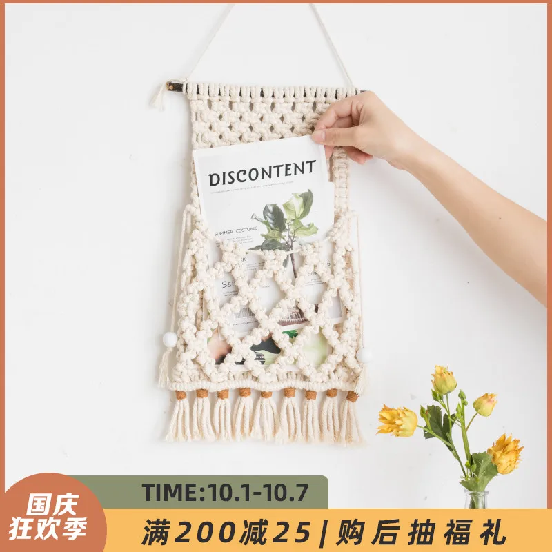 

Плетеная прикроватная сумка для общежития, подвесная сумка для хранения, украшение для журнала с дистанционным управлением, настенная подв...