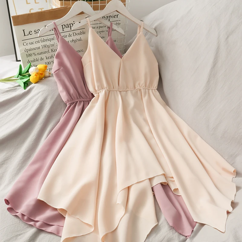 

Sexy Irregular High Waist Dress 2021 Summer Women's New Style V-neck Sweet Open Back Casual Suspender Skirt Women