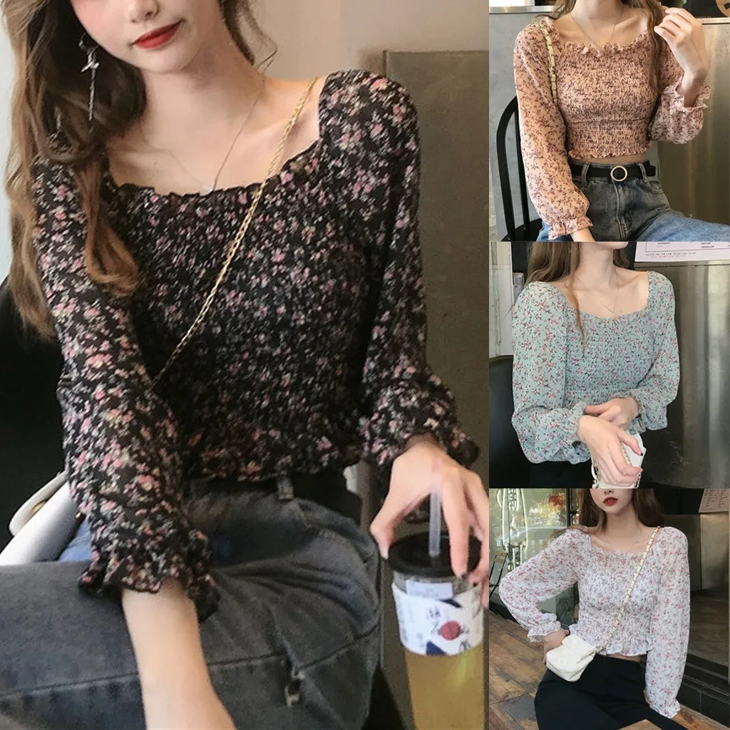 Женская пикантная блузка в стиле ретро кимоно с цветочным принтом и длинным