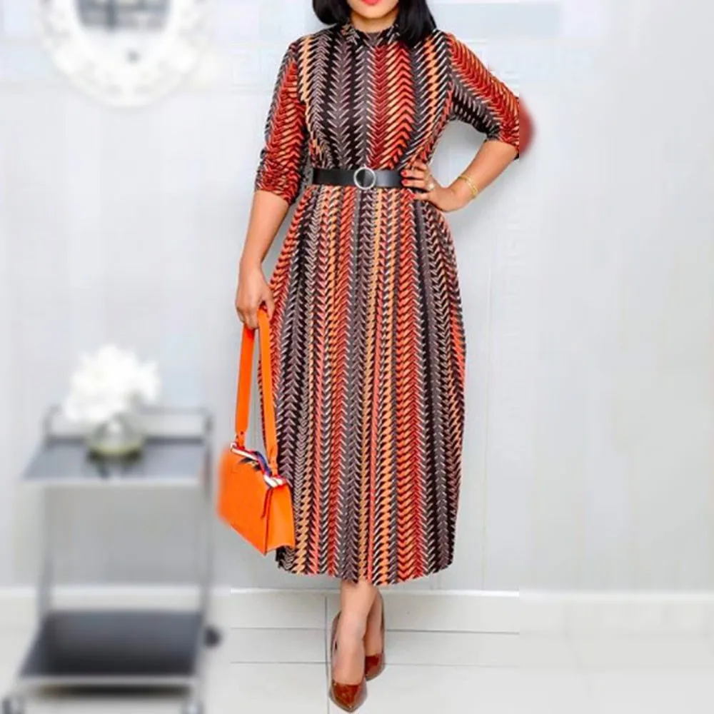 Шифоновое женское Повседневное платье в полоску с высоким воротом элегантное