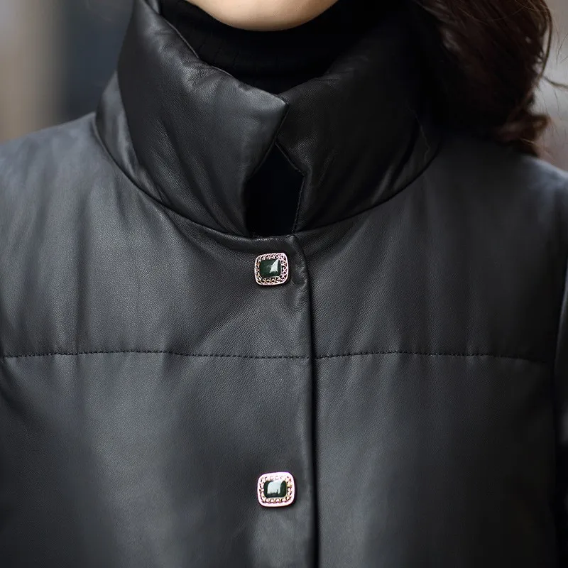 2020 New Women Sheepskin Genuine Leather Long Coat Printed Pockets Loose Fit Big Cape Stand Collar White Down Jacket Overcoats | Женская