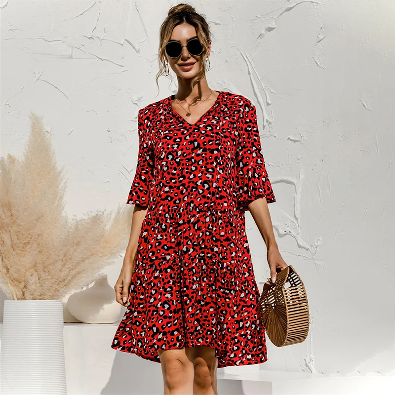 

Summer Dress Women 2021 Flare Sleeve V Neck Print A-line Sexy Mini Dresses Casual Loose High Waist Street Elegant Dress Vestido