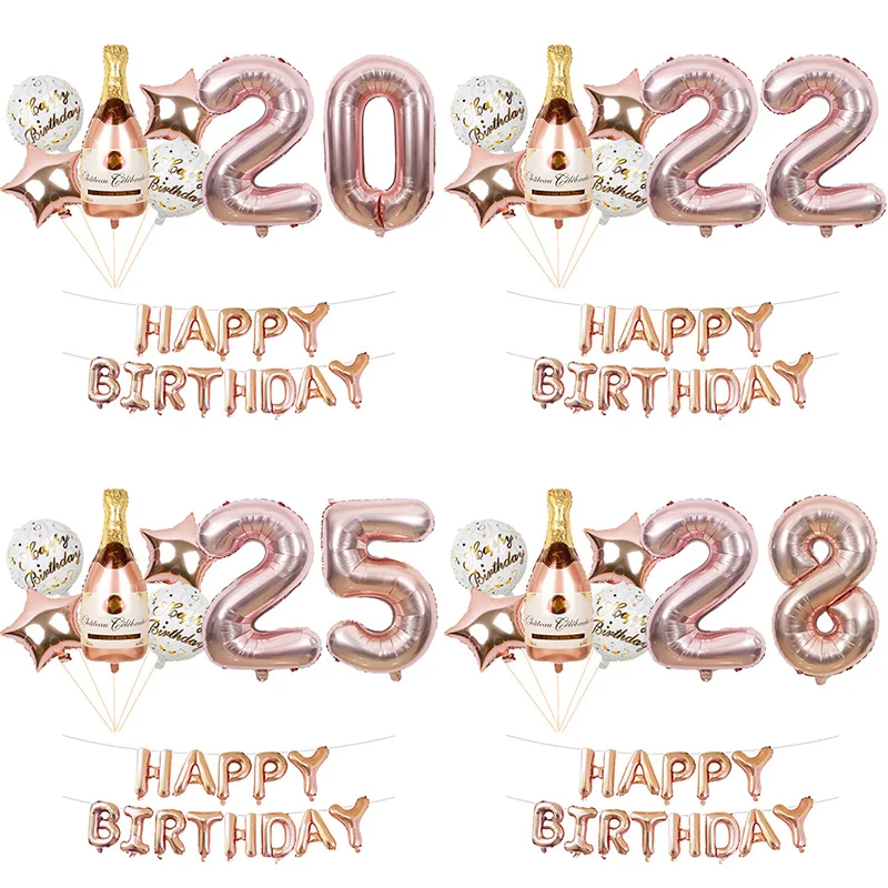 20pcs Sweet 20 21 22 23 24 25 26 27 28 29 Years Birthday Balloons Banner Girl Rose Gold Champagne Bottle Balls Party Decorations