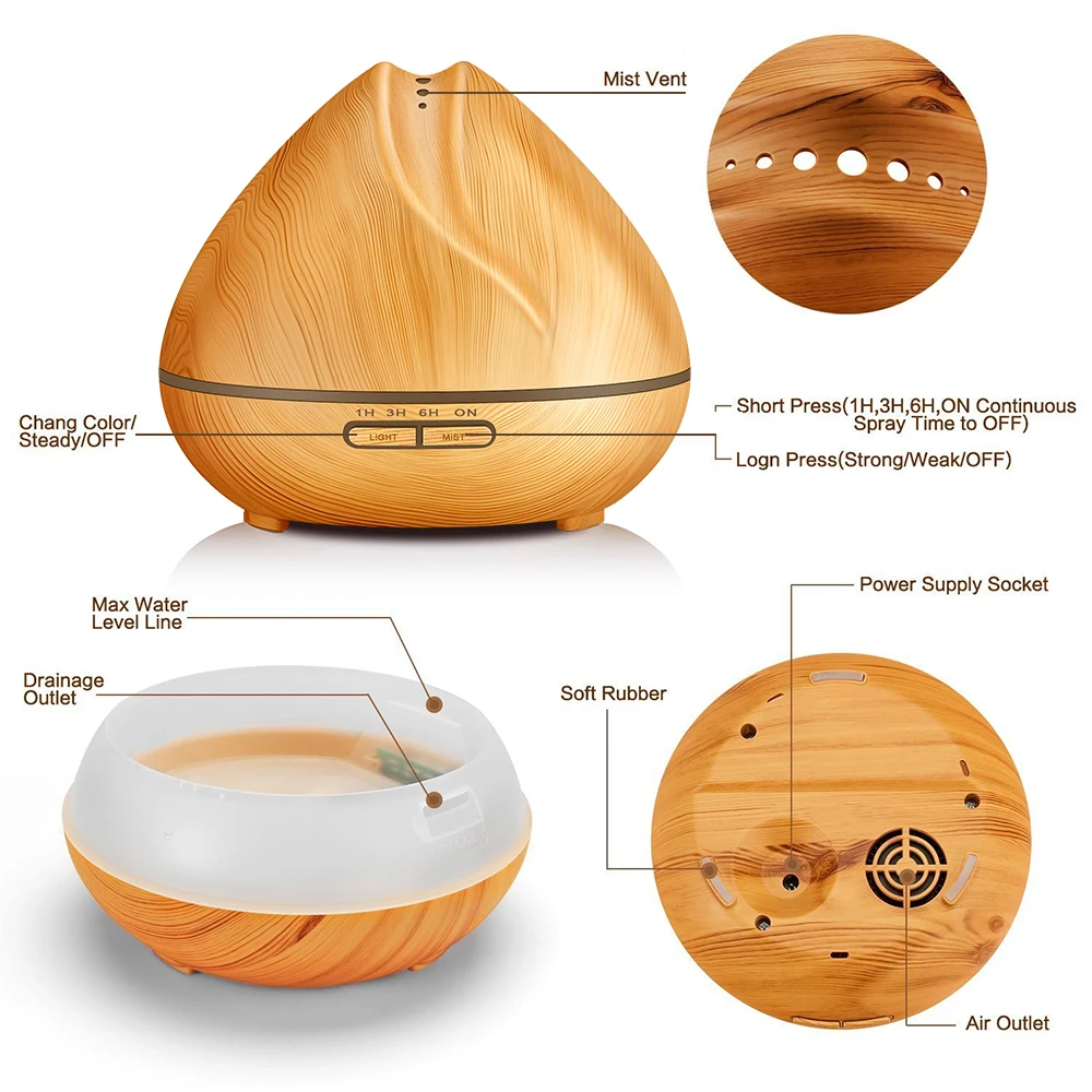 

KBAYBO 400ml Air Humidifier Aroma Essential Oil Diffuser Ultrasonic Purifier With Wood Grain LED Lights For Office Home Bedroom