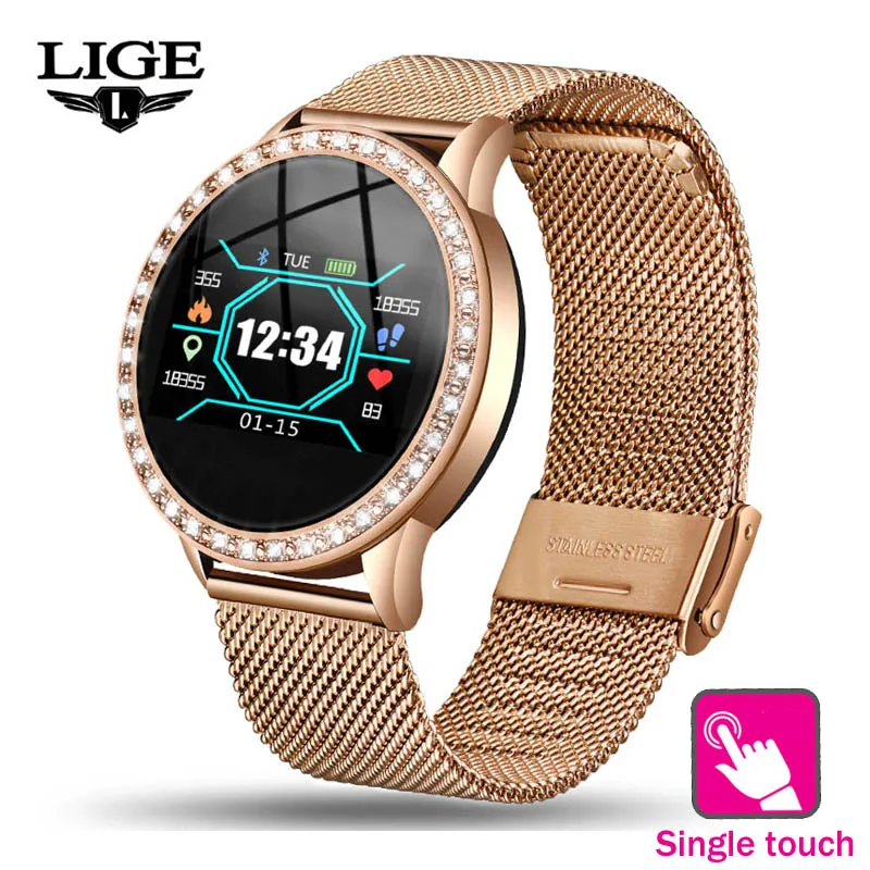 Rose gold LIGE New Diamond Surround Smart Watch Women Men Watch Heart Rate Information Reminder Waterproof Full Touch Screen smartwatch - Цвет: Rose gold