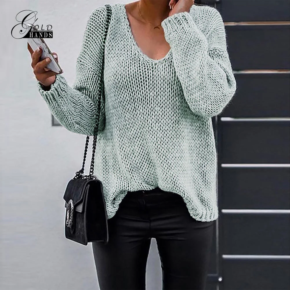 Gold Hands Fashion Sexy V-Neck Women Sweaters And Pullovers Knitted 2019 Autumn Winter Clothing Loose Pullover Jumper Pull Femme | Женская