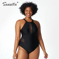 seaselfie plus size black high neck mesh one piece swimsuit women large size sexy monokini bathing suit 2021 new beach swimwear