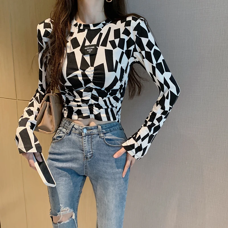 Autumn Women Vintage Long Sleeve Printing T-Shirt Female Slim Bodycon Short Top Casual Streetwear | Женская одежда