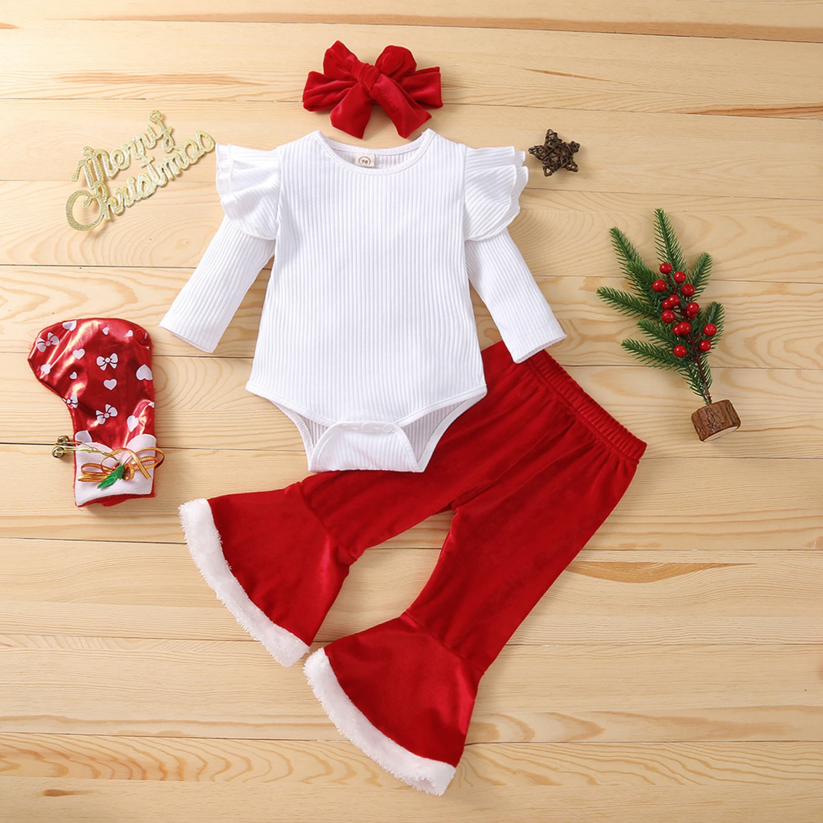 

2Pcs Baby's Sets Solid Fly Long Sleeve Romper Elastic Flare Trousers Toddler Girls Spring Autumn Christmas Cotton Clothing 0-24M